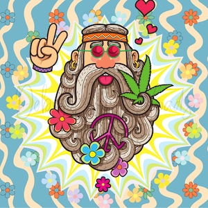 Può includere: Un cartone animato hippie con capelli lunghi e ondulati e una barba, che indossa occhiali da sole e una fascia. Sta alzando un segno di pace con una mano e ha una foglia di marijuana nell'altra. Lo sfondo è un motivo psichedelico di fiori e vortici.