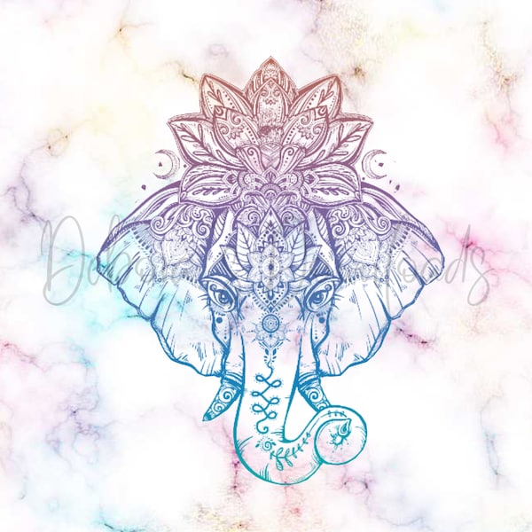 Mandala Lotus Elephant, Marbled Background, Blue and Purple, 20oz Skinny Tumbler Wrap, Instant Download, Digital PNG File