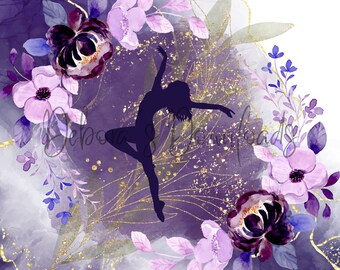 Purple Floral Dancer, Woman, Gold Blue and Purple Design, 20oz Skinny Tumbler Wrap, Instant Download, Digital PNG File