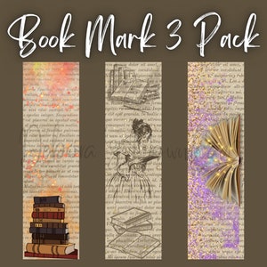 May include: A set of three bookmarks featuring vintage book illustrations and gold glitter accents. The first bookmark shows a stack of books with a gold glitter overlay. The second bookmark shows a woman reading a book with a gold glitter overlay. The third bookmark shows an open book with gold glitter accents.