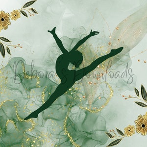 May include: A silhouette of a gymnast in mid-air, performing a split leap. The background is a green and gold watercolor wash with floral accents.