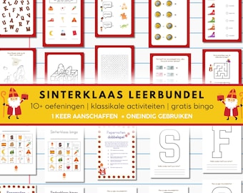 May include: A collection of educational printables with a red border. The printables include various activities such as matching games, mazes, and coloring pages. The title "Sinterklaas Leerbundel" is displayed in yellow with a cartoon of Sinterklaas.