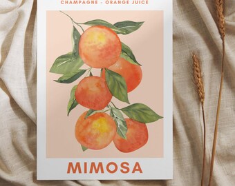 May include: A watercolor illustration of a mimosa cocktail with the text "Champagne - Orange Juice" and "Mimosa" on a peach background.