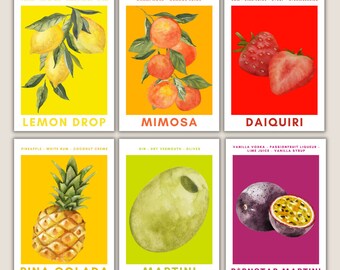 May include: Six colorful cocktail art prints. Each print features a watercolor illustration of a cocktail ingredient, such as lemons, oranges, strawberries, pineapple, an olive, and passion fruit. The cocktail names are printed below the illustrations.