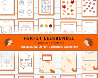 May include: A collection of educational activity sheets with an autumn theme. The sheets feature mazes, connect-the-dots, and word puzzles, with illustrations of leaves, pumpkins, and mushrooms. The title "HERFST LEERBUNDEL" is displayed in orange.