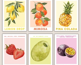May include: Six watercolor cocktail prints. The prints feature illustrations of ingredients and the names of the cocktails: Lemon Drop, Mimosa, Pina Colada, Daiquiri, Martini, and P*rnstar Martini. Each print has a different color background.