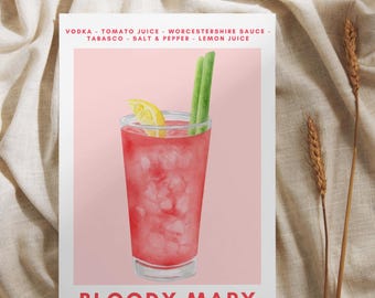 May include: A watercolor illustration of a Bloody Mary cocktail. The drink is in a tall glass with ice, a lemon wedge, and a celery stalk. The text reads "VODKA - TOMATO JUICE - WORCESTERSHIRE SAUCE - TABASCO - SALT & PEPPER - LEMON JUICE" and "BLOODY MARY".
