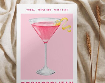 May include: A pink Cosmopolitan cocktail in a martini glass with a lemon twist garnish. The text "VODKA - TRIPLE SEC - FRESH LIME" and "COSMOPOLITAN" are printed on the pink background.