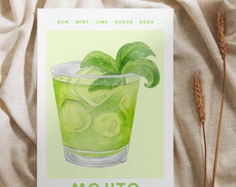 May include: A watercolor illustration of a mojito cocktail. The drink is in a glass with ice and a sprig of mint. The text "RUM - MINT - LIME - SUGAR - SODA" is above the glass and "MOJITO" is below the glass.