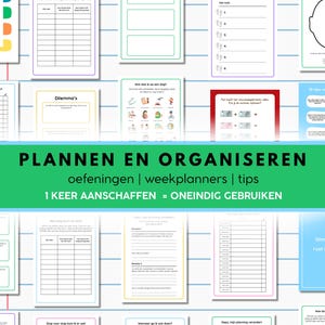 May include: A collection of printable planner pages with various layouts and designs. The pages include sections for lists, goal setting, and daily planning. The image features a green banner with the text "PLANNEN EN ORGANISEREN" and other Dutch text.