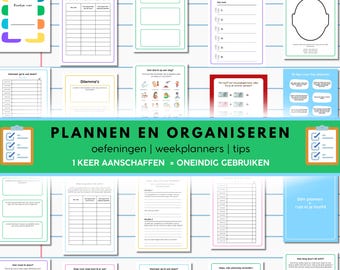 May include: A collection of printable planner pages with various layouts and designs. The pages include sections for lists, goal setting, and daily planning. The image features a green banner with the text "PLANNEN EN ORGANISEREN" and other Dutch text.