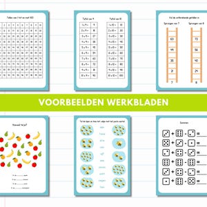 May include: Educational worksheets with a light blue border. The worksheets feature multiplication tables, number sequences, and addition and subtraction problems. The text "VOORBEELDEN WERKBLADEN" is in green. The worksheets are designed for educational purposes.