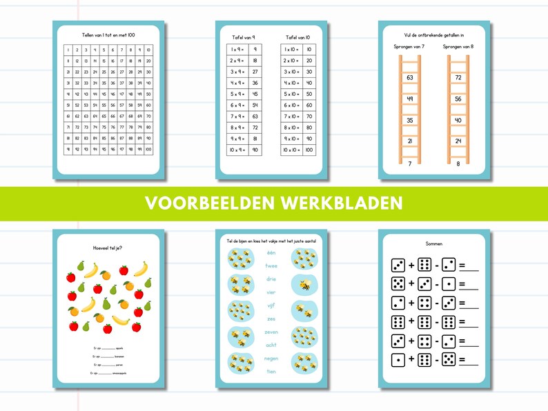 May include: Educational worksheets with a light blue border. The worksheets feature multiplication tables, number sequences, and addition and subtraction problems. The text "VOORBEELDEN WERKBLADEN" is in green. The worksheets are designed for educational purposes.