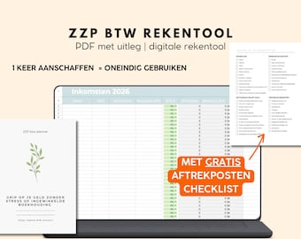 May include: A digital financial tool displayed on a laptop screen, with a checklist and a planner. The text includes "ZZP BTW REKENTOOL" and "Inkomsten 2026". A checklist is also visible. The image has a light beige background.