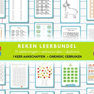 May include: A collection of educational worksheets for children, featuring math problems, number sequences, and mazes. The worksheets are in Dutch and include addition, subtraction, and multiplication exercises. The title "REKEN LEERBUNDEL" is displayed prominently.