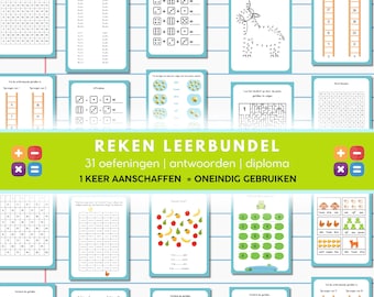 May include: A collection of educational worksheets for children, featuring math problems, number sequences, and mazes. The worksheets are in Dutch and include addition, subtraction, and multiplication exercises. The title "REKEN LEERBUNDEL" is displayed prominently.