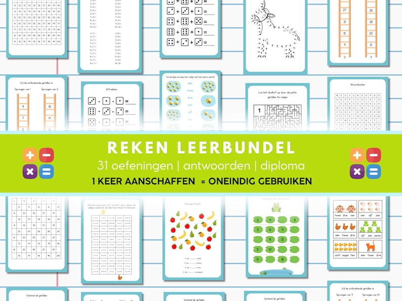 May include: A collection of educational worksheets for children, featuring math problems, number sequences, and mazes. The worksheets are in Dutch and include addition, subtraction, and multiplication exercises. The title "REKEN LEERBUNDEL" is displayed prominently.