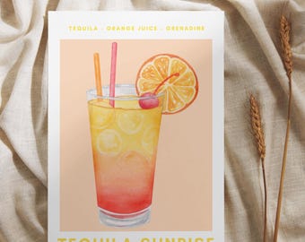 May include: A watercolor illustration of a Tequila Sunrise cocktail. The drink is in a tall glass with a cherry and an orange slice garnish. The text "Tequila Sunrise" is written in yellow letters at the bottom of the image. The text "Tequila - Orange Juice - Grenadine" is written in yellow letters at the top of the image.