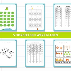 May include: A collection of educational worksheets with a blue border. The worksheets feature math problems, number sequences, and counting exercises. The text "VOORBEELDEN WERKBLADEN" is displayed in green. The worksheets are designed for early childhood education.