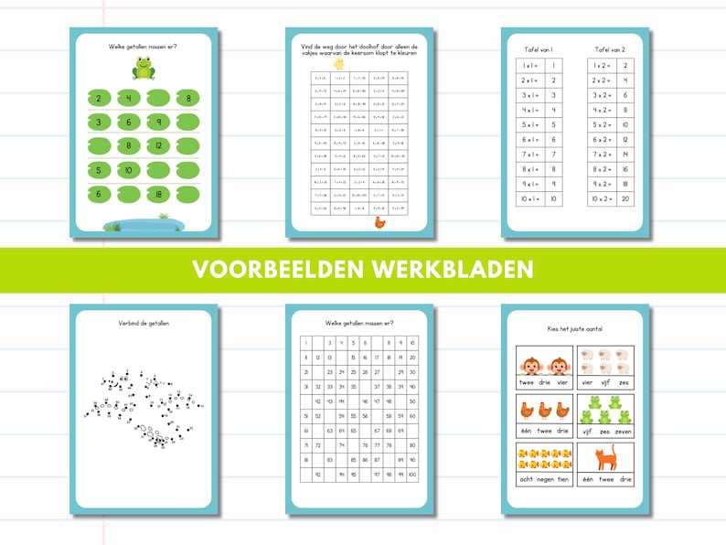 May include: A collection of educational worksheets with a blue border. The worksheets feature math problems, number sequences, and counting exercises. The text "VOORBEELDEN WERKBLADEN" is displayed in green. The worksheets are designed for early childhood education.
