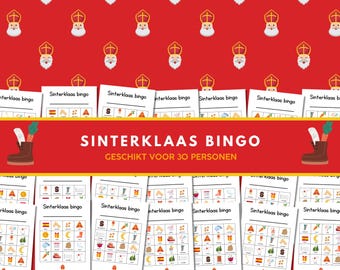 May include: A festive Sinterklaas Bingo game set against a red background with repeating illustrations of Sinterklaas and his hat. The game cards feature colorful icons and the text "Sinterklaas Bingo". The banner reads "SINTERKLAAS BINGO" and "GESCHIKT VOOR 30 PERSONEN".