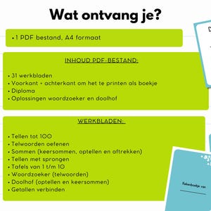 May include: A digital educational resource with text in Dutch. The image shows a green and white layout with the text "Wat ontvang je?" and lists of educational worksheets, including counting, math problems, and diplomas. There are also some blue cards.