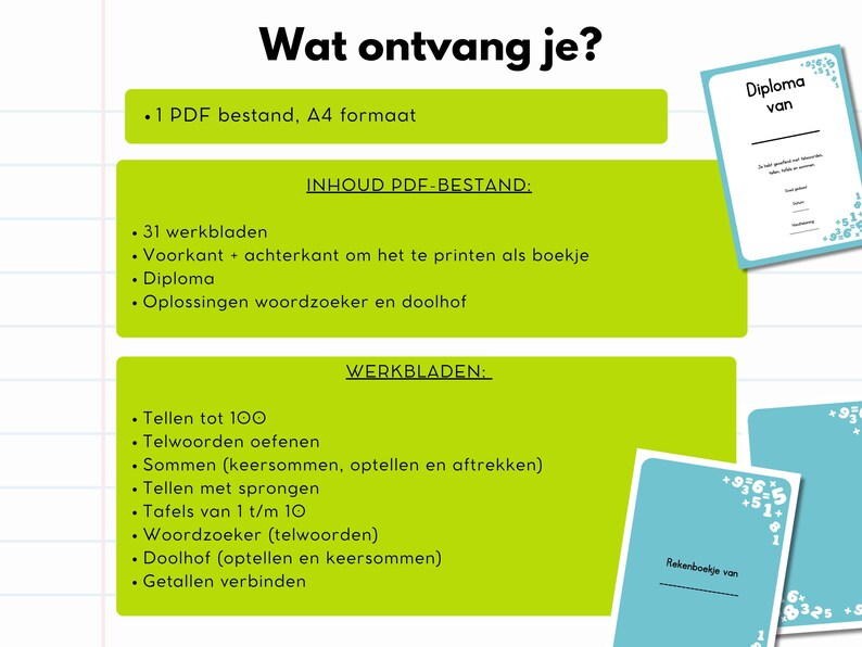 May include: A digital educational resource with text in Dutch. The image shows a green and white layout with the text "Wat ontvang je?" and lists of educational worksheets, including counting, math problems, and diplomas. There are also some blue cards.