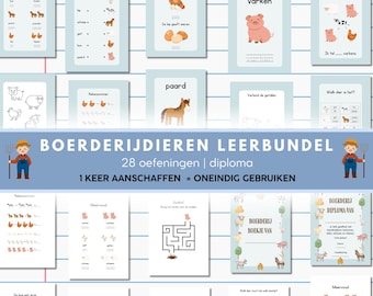 May include: A collection of educational printables featuring farm animals. The blue-themed set includes flashcards, counting exercises, mazes, and a diploma. Text on the image reads "BOERDERIJDIEREN LEERBUNDEL" and "28 oefeningen | diploma".