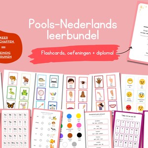 May include: Educational flashcards and worksheets in Polish and Dutch. The image shows animal, object, and alphabet flashcards, plus a diploma. The text on the image says "Pools-Nederlands leerbundel" and "Flashcards, oefeningen + diploma!"