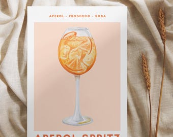 May include: A watercolor illustration of an Aperol Spritz cocktail. The drink is in a stemmed glass with orange slices and ice cubes. The text "Aperol - Prosecco - Soda" and "Aperol Spritz" are printed on the image.