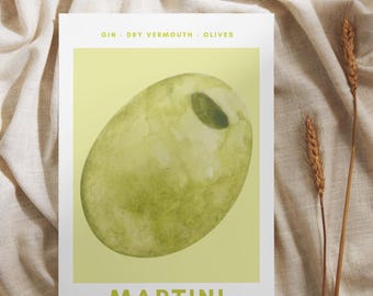 May include: A yellow and green watercolor illustration of an olive with the text "GIN - DRY VERMOUTH - OLIVES" and "MARTINI" on a white background.