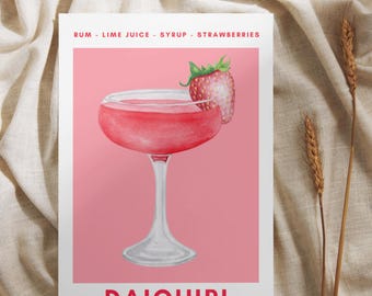 May include: A pink cocktail called a Daiquiri, made with rum, lime juice, syrup, and strawberries. The cocktail is in a martini glass with a strawberry garnish.