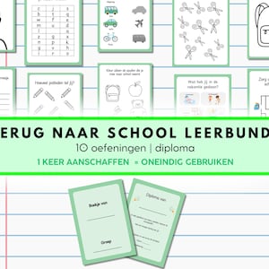 Op de afbeelding: Een verzameling educatieve werkbladen en een diploma, met diverse oefeningen. De werkbladen bevatten afbeeldingen van schoolspullen, vervoer en een lettertabel. De tekst "TERUG NAAR SCHOOL LEERBUNDEL" wordt weergegeven.