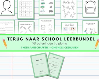 May include: A collection of educational worksheets and a diploma, featuring various exercises. The worksheets include images of school supplies, transportation, and a letter chart. The text "TERUG NAAR SCHOOL LEERBUNDEL" is displayed.