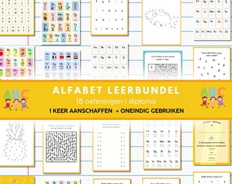 May include: A collection of educational printables for children, featuring alphabet charts, dot-to-dot activities, mazes, and letter recognition exercises. The design includes colorful illustrations and the text "ALFABET LEERBUNDEL".