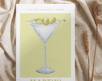 May include: A yellow and white illustration of a martini glass with three green olives. The text "GIN - DRY VERMOUTH - OLIVES" is above the glass and "MARTINI" is below the glass.