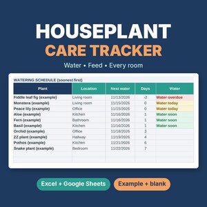 May include: A digital houseplant care tracker spreadsheet featuring a watering schedule table with columns for plant name, location, next water date, days remaining, and water status. The text reads HOUSEPLANT CARE TRACKER, Water, Feed, Every room, Excel + Google Sheets, and Example + blank.