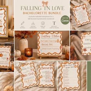 May include: A bachelorette party bundle featuring autumn-themed printable templates with pumpkin and leaf illustrations. The collection includes welcome signs, itineraries, and games with wavy borders, editable text, and soft orange and brown tones.