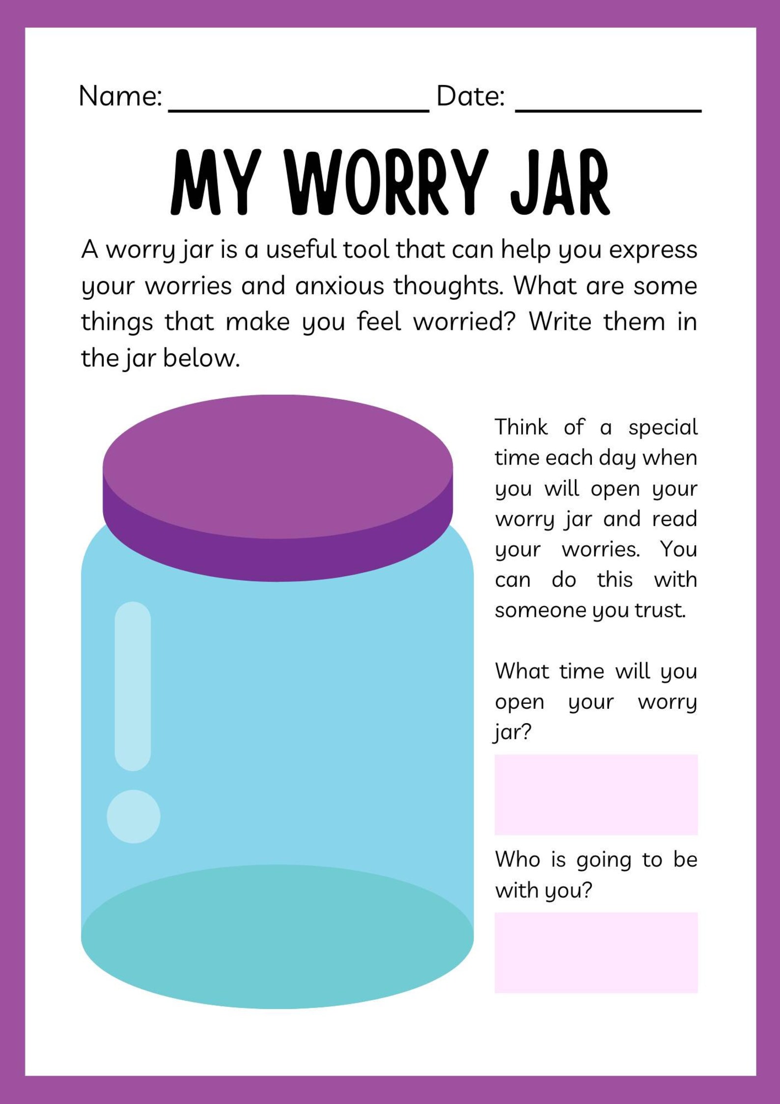 WORRY Jar Printable Worksheetworry Jar Fillable Worksheet Kids Etsy