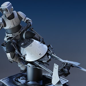 May include: A white action figure of a Star Wars character riding a speeder bike. The figure is holding a blaster in its right hand. The speeder bike is on a black base.