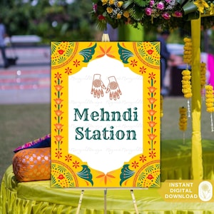 Yellow Mehndi Station Sign | Indian Wedding Sign | Mehndi Night Sign | Hindu Wedding Sign | Wedding Signs | 18x24 Digital Download Sign