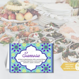 Sinal do alimento da barraca cartão comemorativo | Dobre os cartões de lugar | Sinais de buffet de casamentos indianos | Pavão Azul | Download e edição instantâneos | 2,5 x 3,5 polegadas
