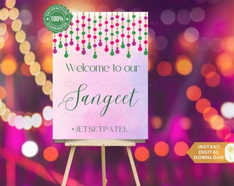 May include: A printable sign with a pink and purple gradient background. The sign says "Welcome to our Sangeet #JETSETPATEL". There are strings of beads with green, pink, and gold beads hanging from the top of the sign.