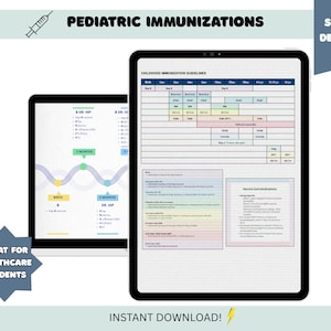 May include: Two black tablets displaying pediatric immunization guidelines. The text "PEDIATRIC IMMUNIZATIONS" is at the top. One tablet shows a chart, the other a flow chart. Text includes "SLEEK DESIGN", "GREAT FOR HEALTHCARE STUDENTS", and "INSTANT DOWNLOAD!"
