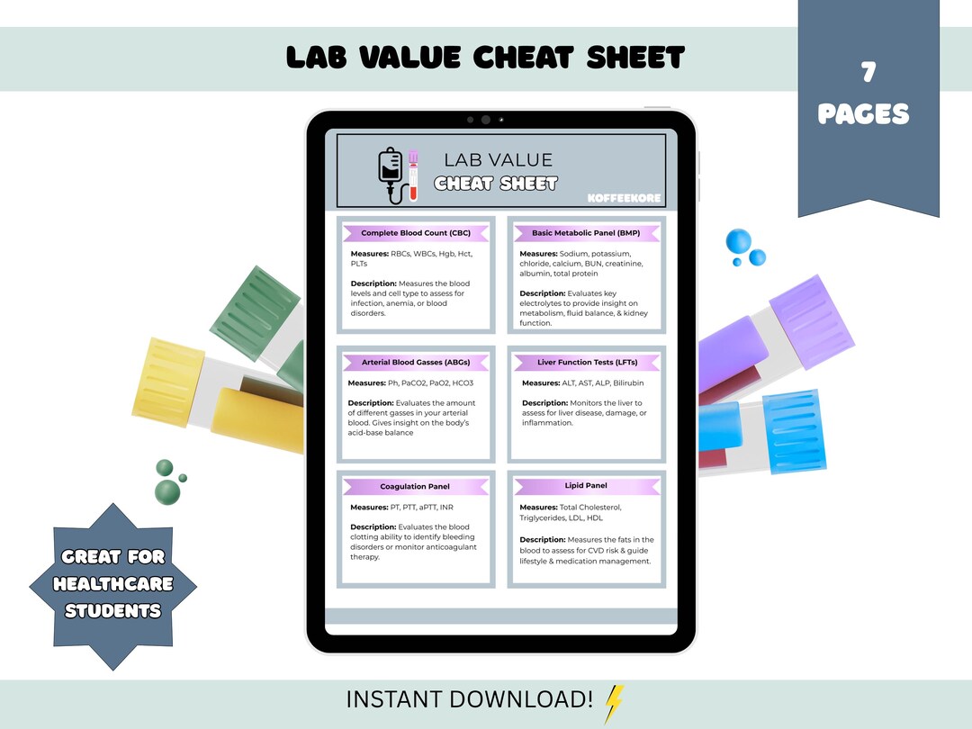 Medical Lab Value Reference Sheet | CBC, BMP, ABG, Lfts, Coagulation ...