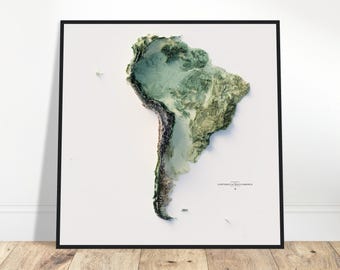 Elevation Map of South America - Minimalist Topographic Wall Art, Modern Cartography Print, Shaded Relief Poster