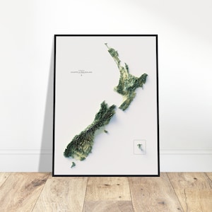 Carte du relief de la Nouvelle-Zélande - art mural topographique 2D, détail de l'élévation, impression cartographique, cadeau pour la décoration de la maison et du bureau