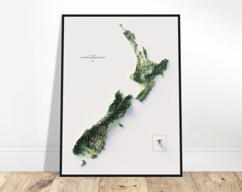 Elevation Map of New Zealand - Minimalist Topographic Wall Art, Modern Cartography Print, Shaded Relief Poster