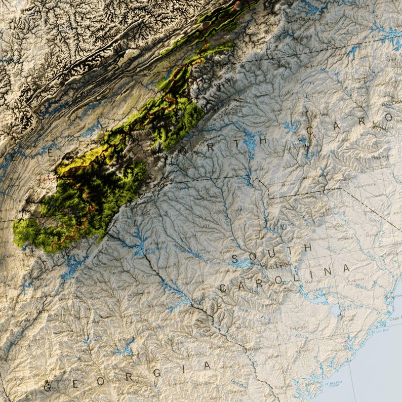 Appalachian Trail Elevation Map, Topographic Relief Print, Shaded