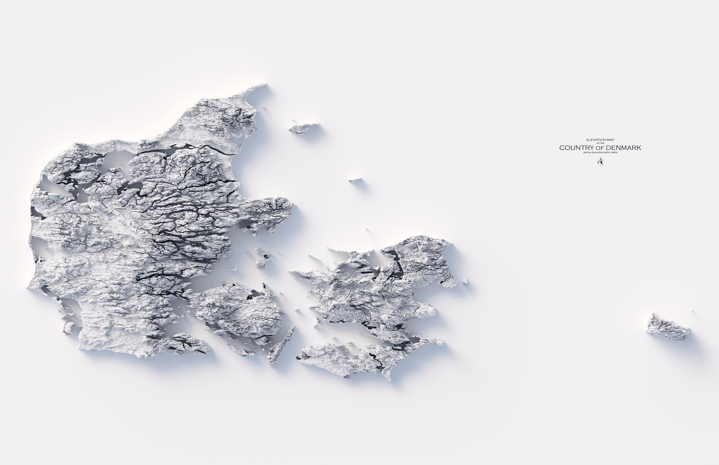 Denmark Elevation Map – Minimalist Black and White Topographic Wall Art ...
